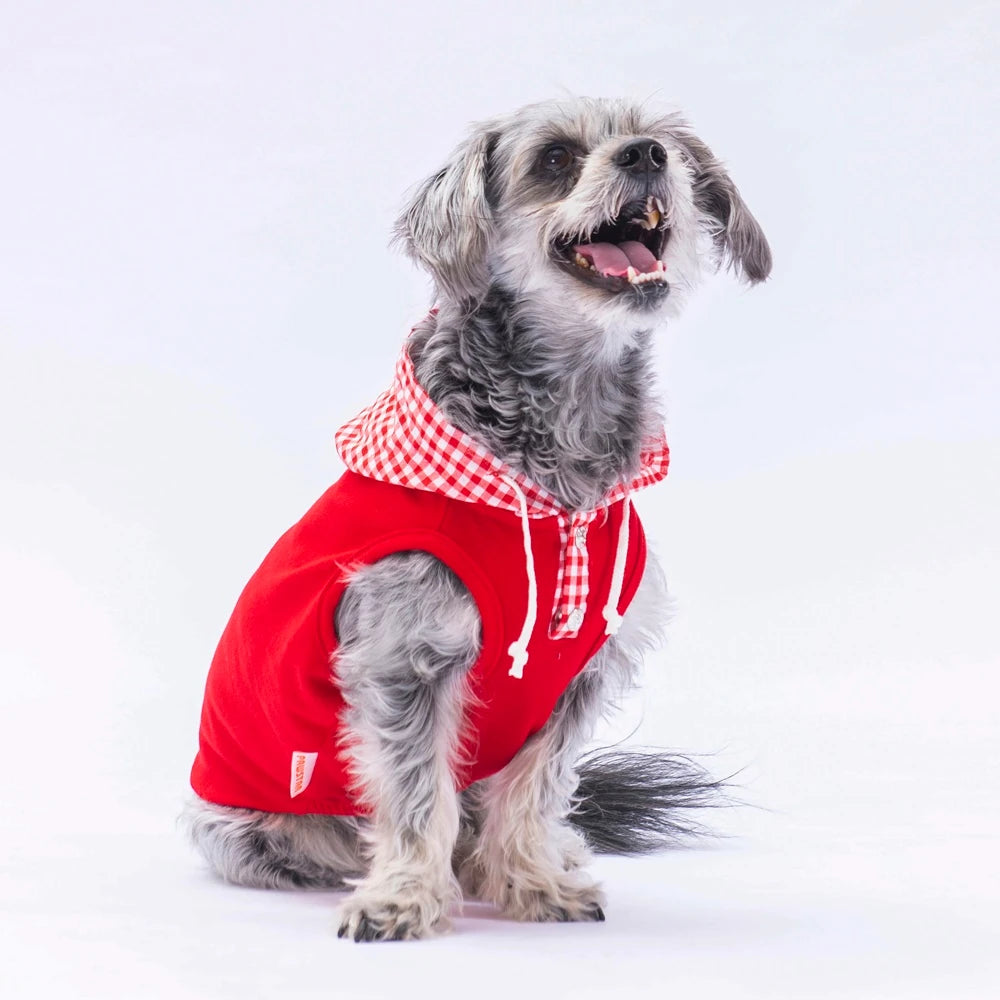 Red Gingham Hooded Dog T-Shirt – Cute Plaid Puppy Hoodie