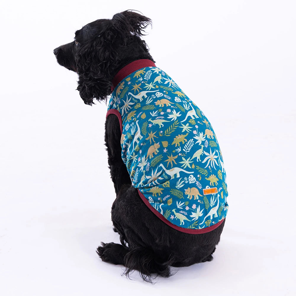 Cute Blue Dog T-Shirt with Dinosaur Print