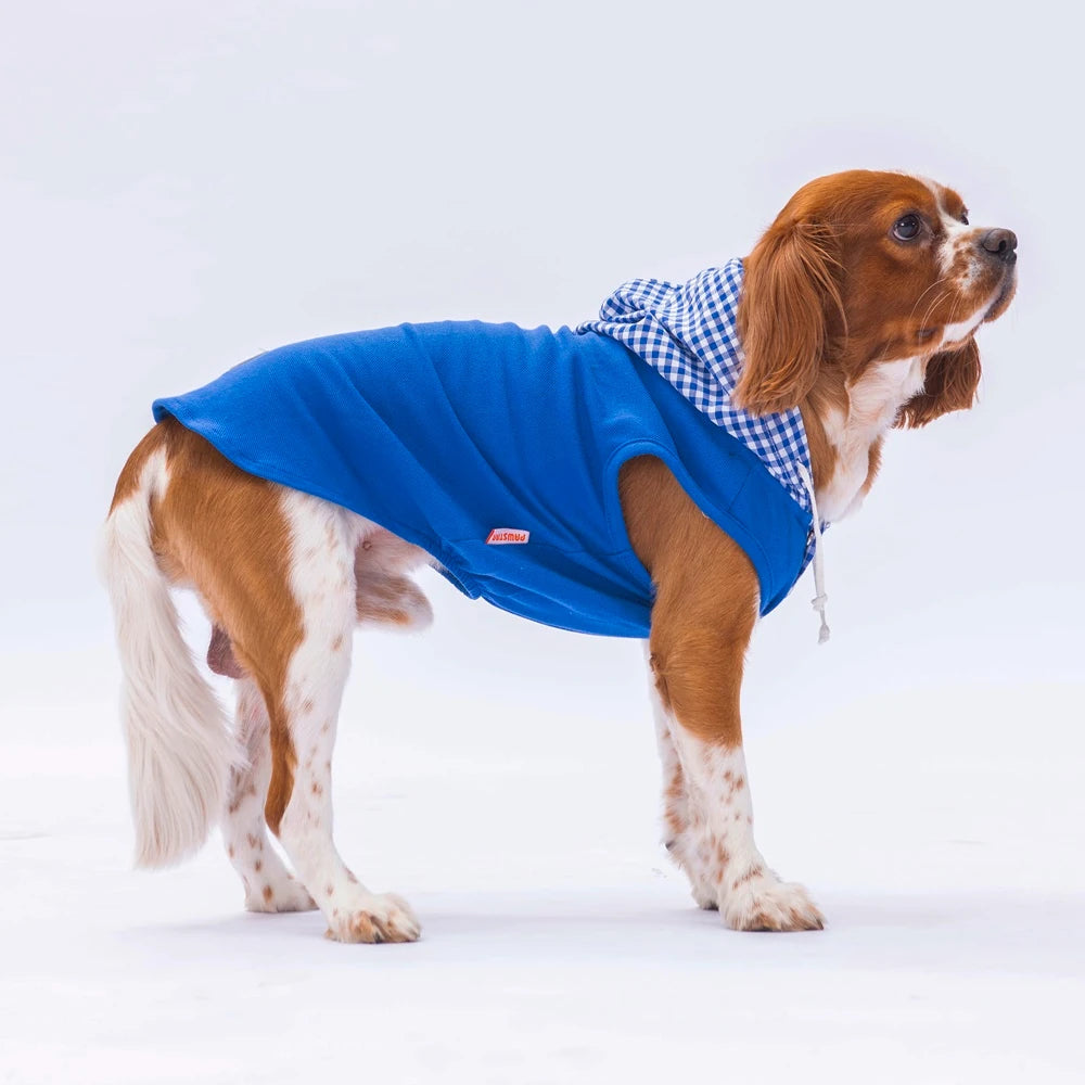 Blue Gingham Hooded Dog T-Shirt for Small Medium Pets