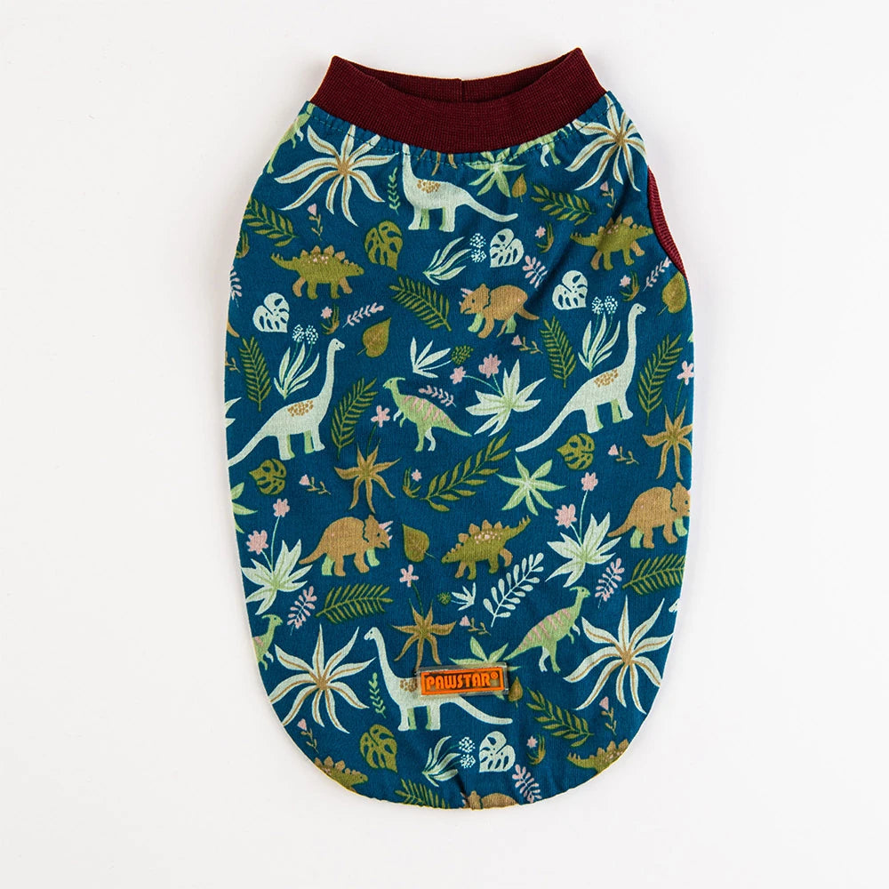 Cute Blue Dog T-Shirt with Dinosaur Print