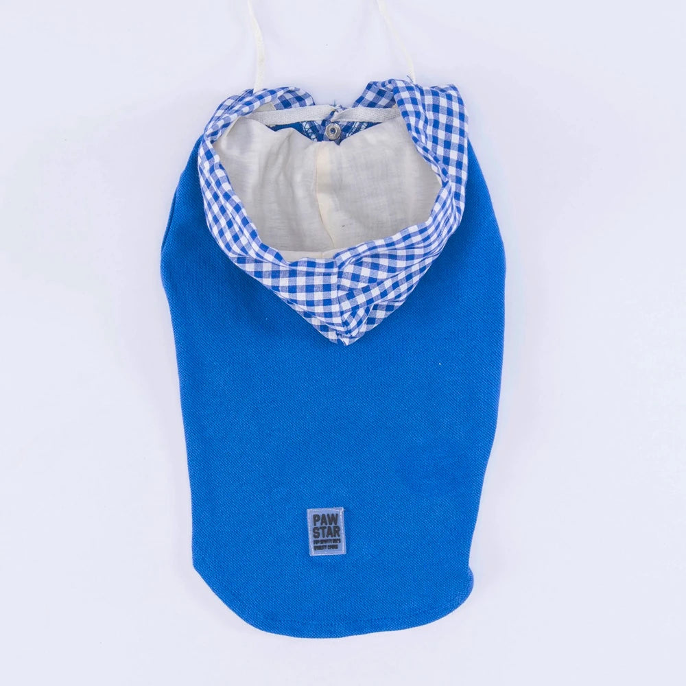 Blue Gingham Hooded Dog T-Shirt for Small Medium Pets