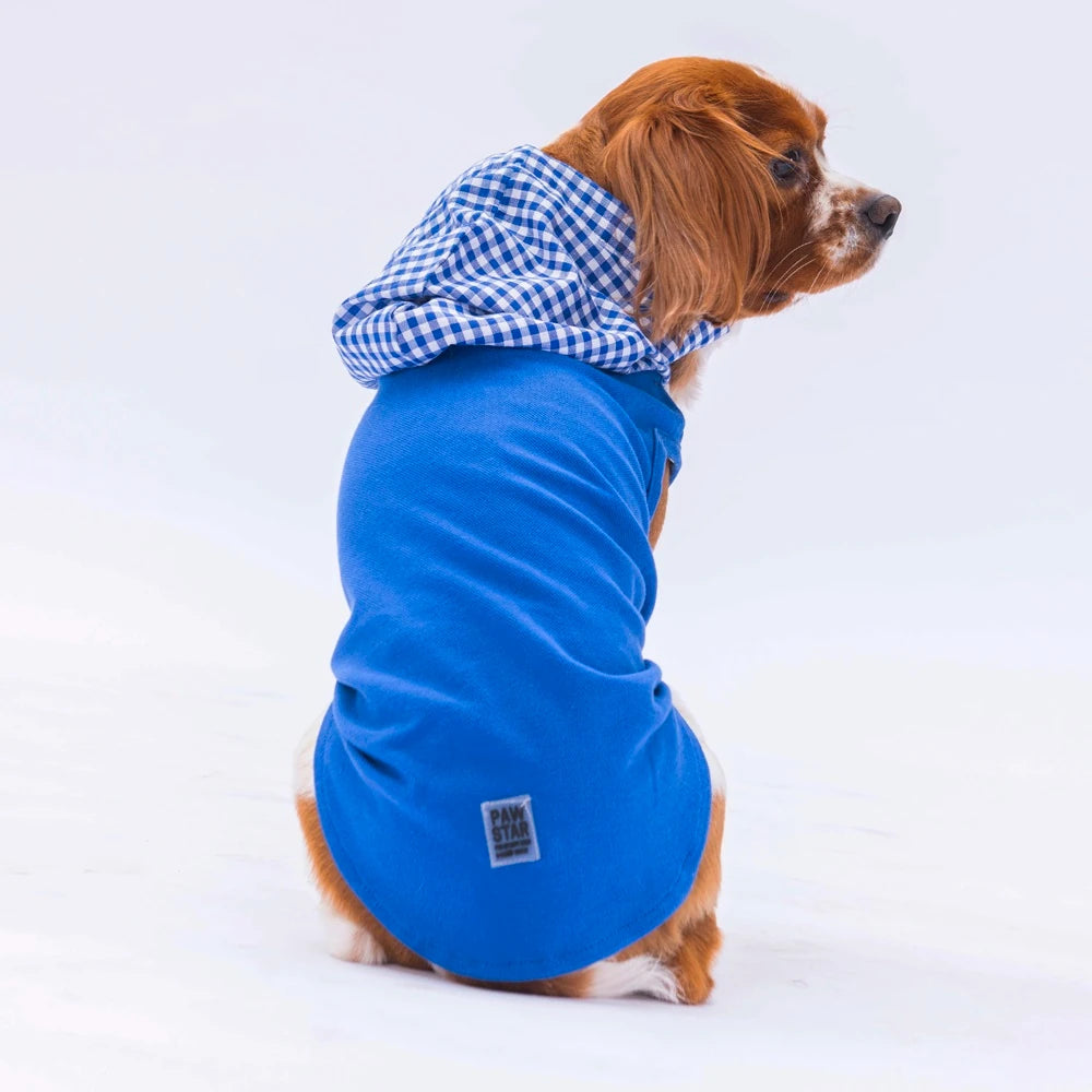 Blue Gingham Hooded Dog T-Shirt for Small Medium Pets