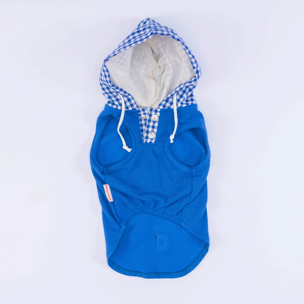 Blue Gingham Hooded Dog T-Shirt for Small Medium Pets