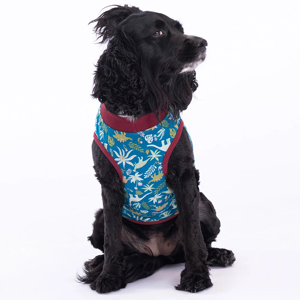 Cute Blue Dog T-Shirt with Dinosaur Print